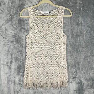 Costes Crochet Tank Top Women XS/S Cream Excellent Fringe Boho Lace Sleeveless